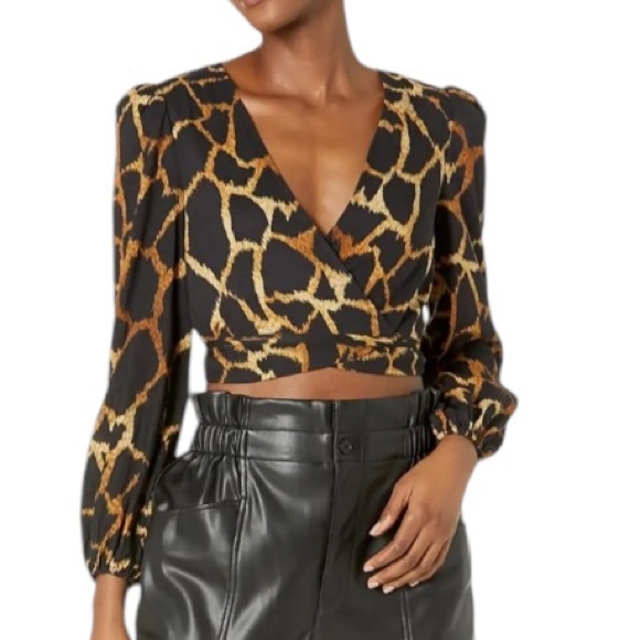 MILLY Wynona Giraffe Printed Wrap Tie Waist Puff Sleeve Cropped Linen Blouse - S - Picture 3 of 16